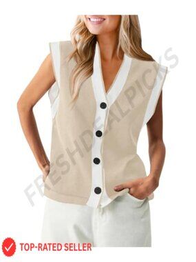 Women's V-Neck Knit Sweater Vest Cap Sleeve Button Down Loose Fit Summer